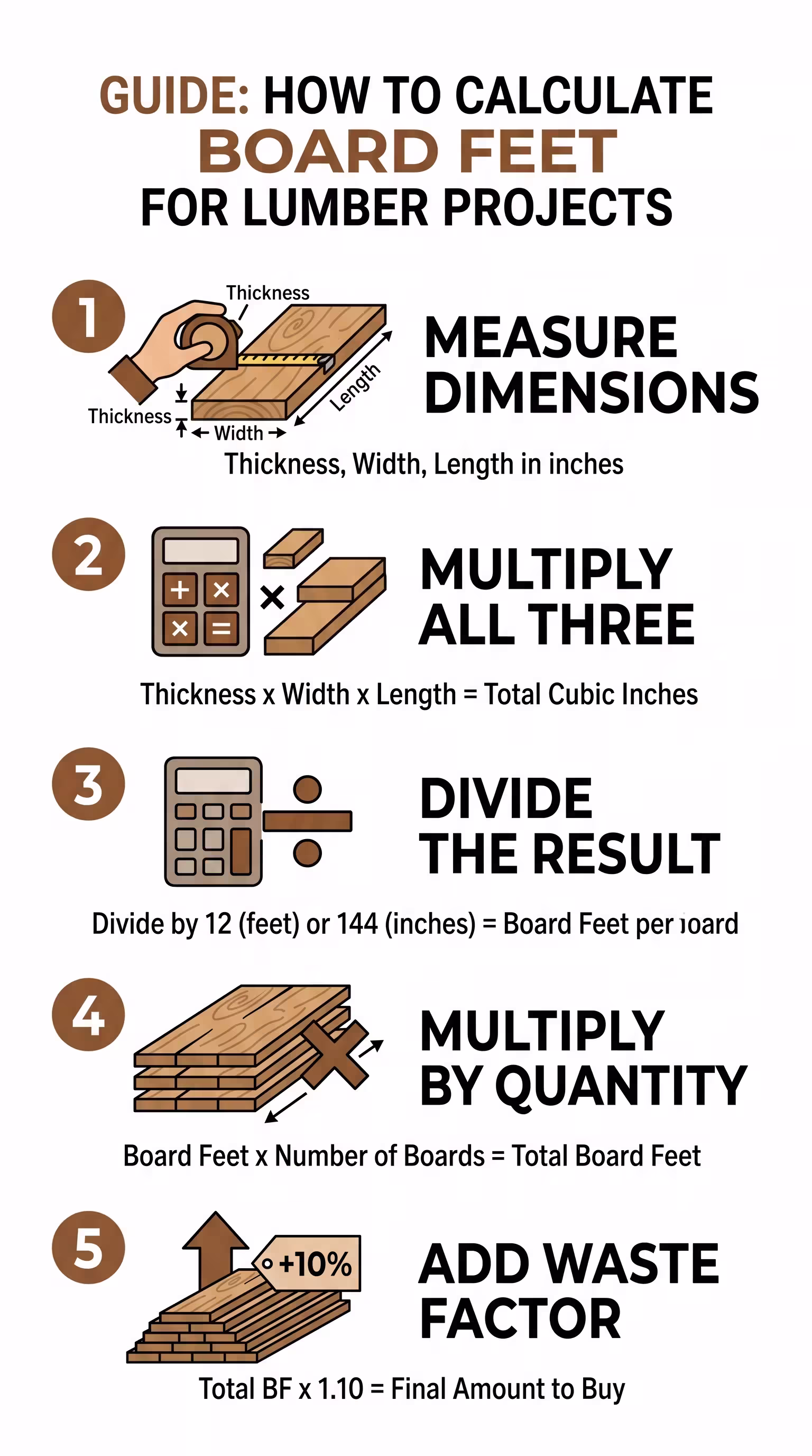 Five-step process for calculating board feet: measure thickness, measure width, measure length, multiply the three values, and divide the result by 12