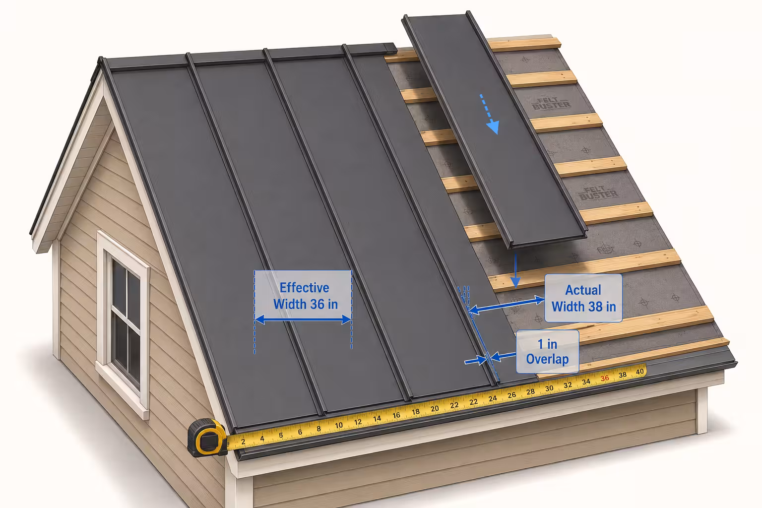 Editorial isometric illustration of a residential gable roof with vertical standing-seam metal panels being installed from eave to ridge, with dimension callouts comparing 36-inch effective width to 38-inch actual width across a 1-inch overlap seam