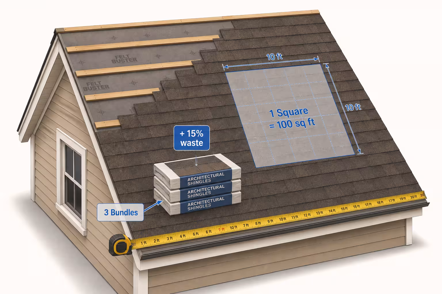 Editorial isometric illustration of a residential gable roof with a translucent 10 ft by 10 ft grid section labeled 1 square = 100 sq ft, a stack of three architectural shingle bundles with a 15 percent waste badge, and a yellow measuring tape along the eave