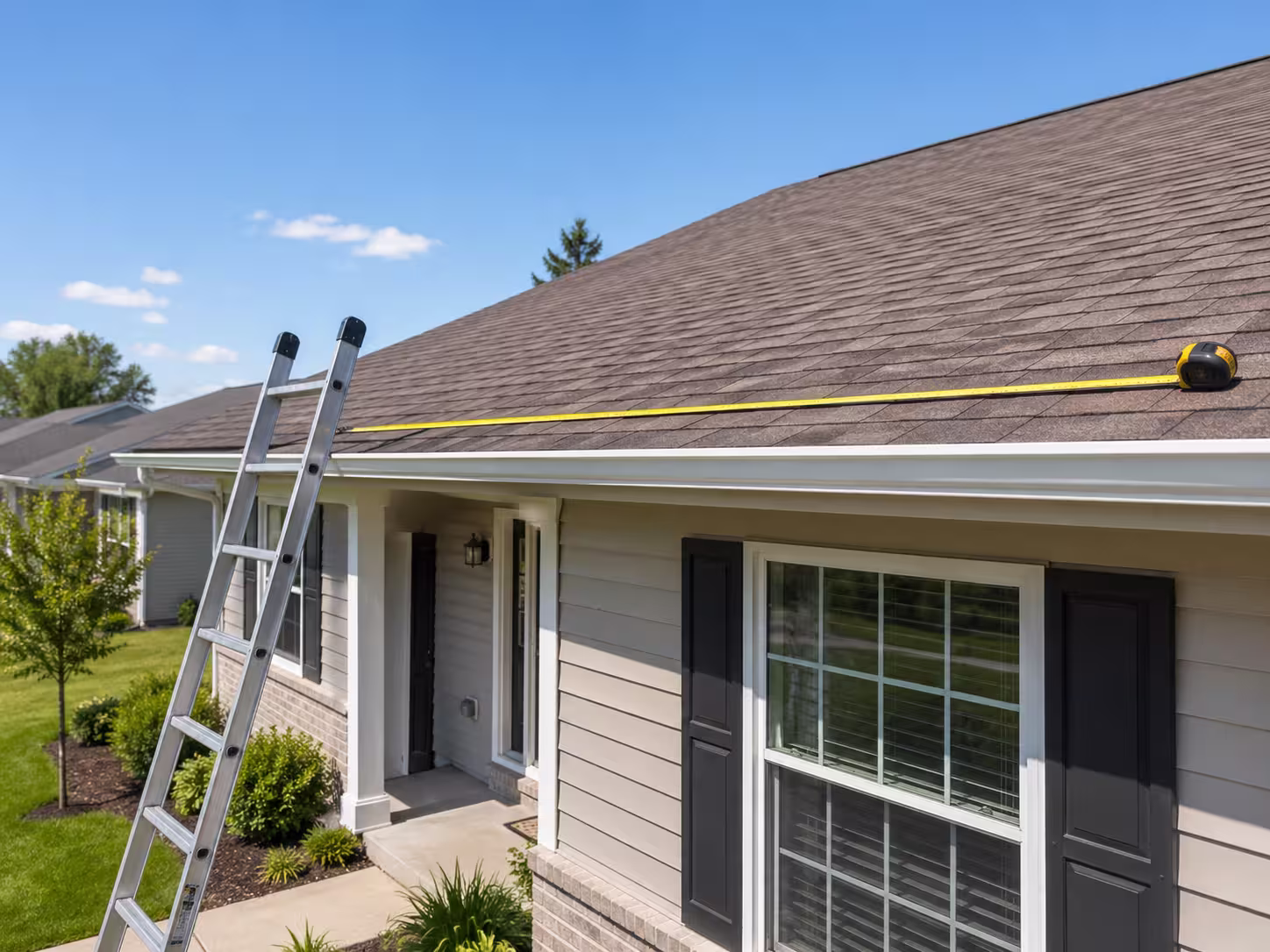 Roof measurement toolkit with a 50-foot tape measure and an extension ladder leaning against a residential roofline