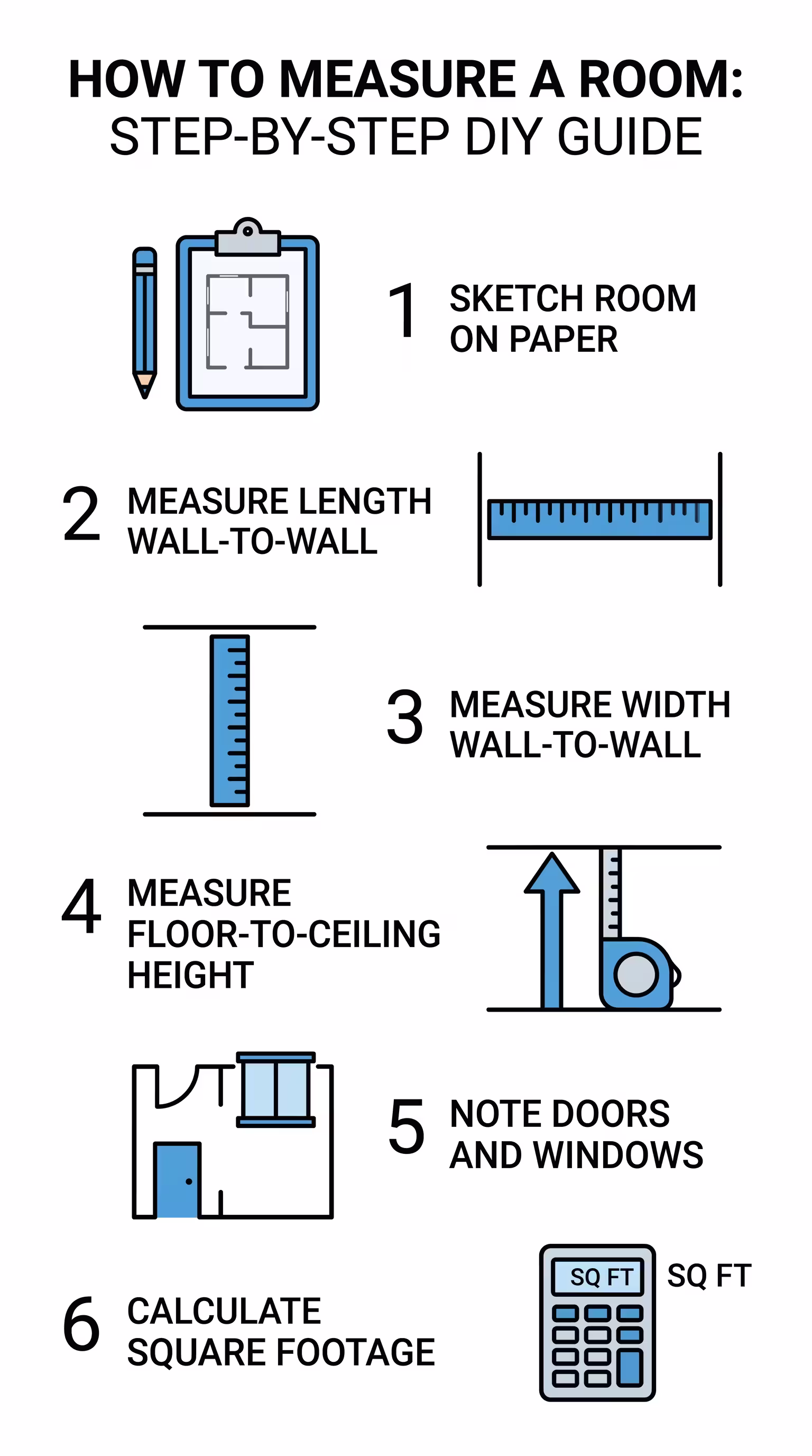 Six-step illustrated process for measuring a room: sketch, length, width, height, doors and windows, and record dimensions