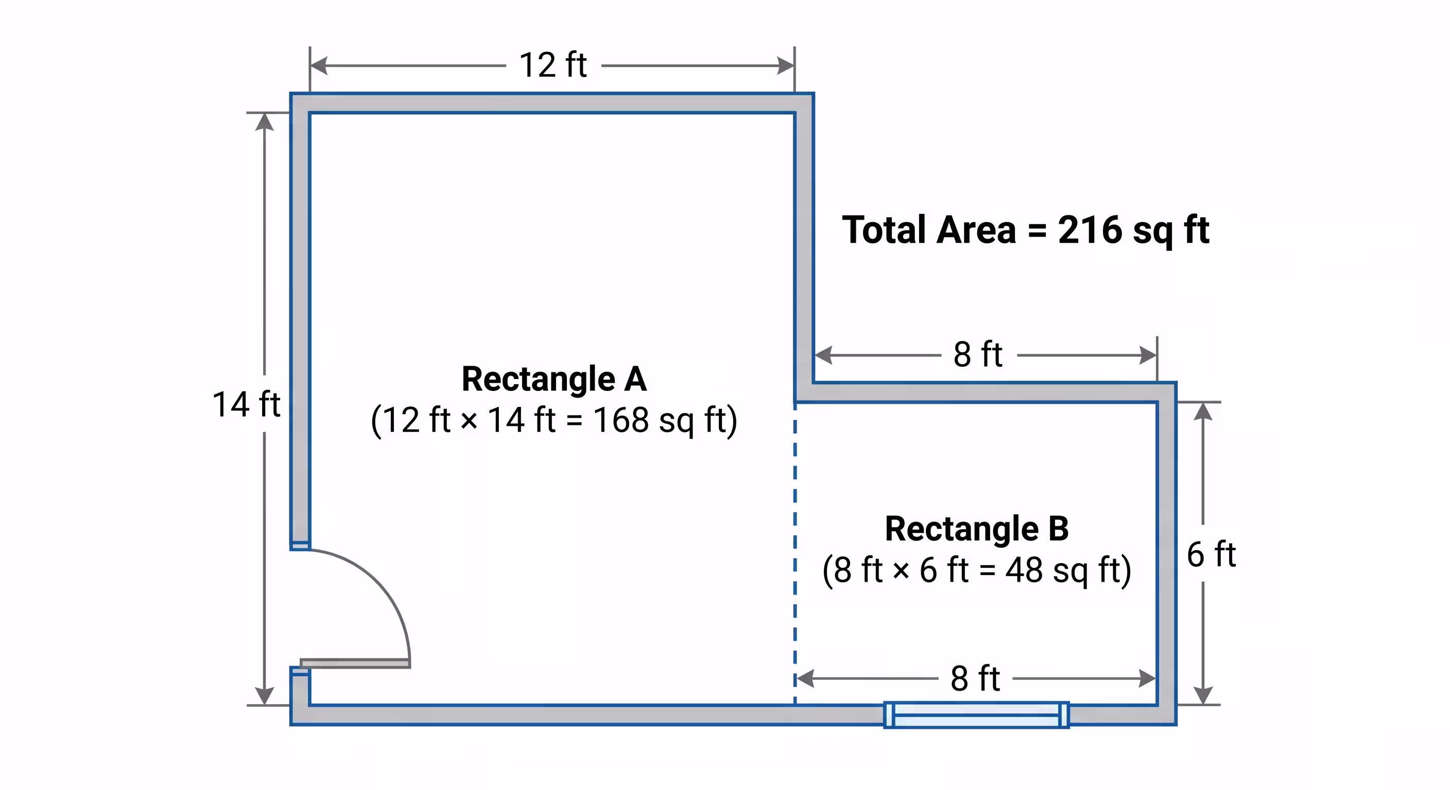 L-shaped room floor plan divided into two rectangles with dimensions labeled for square footage calculation