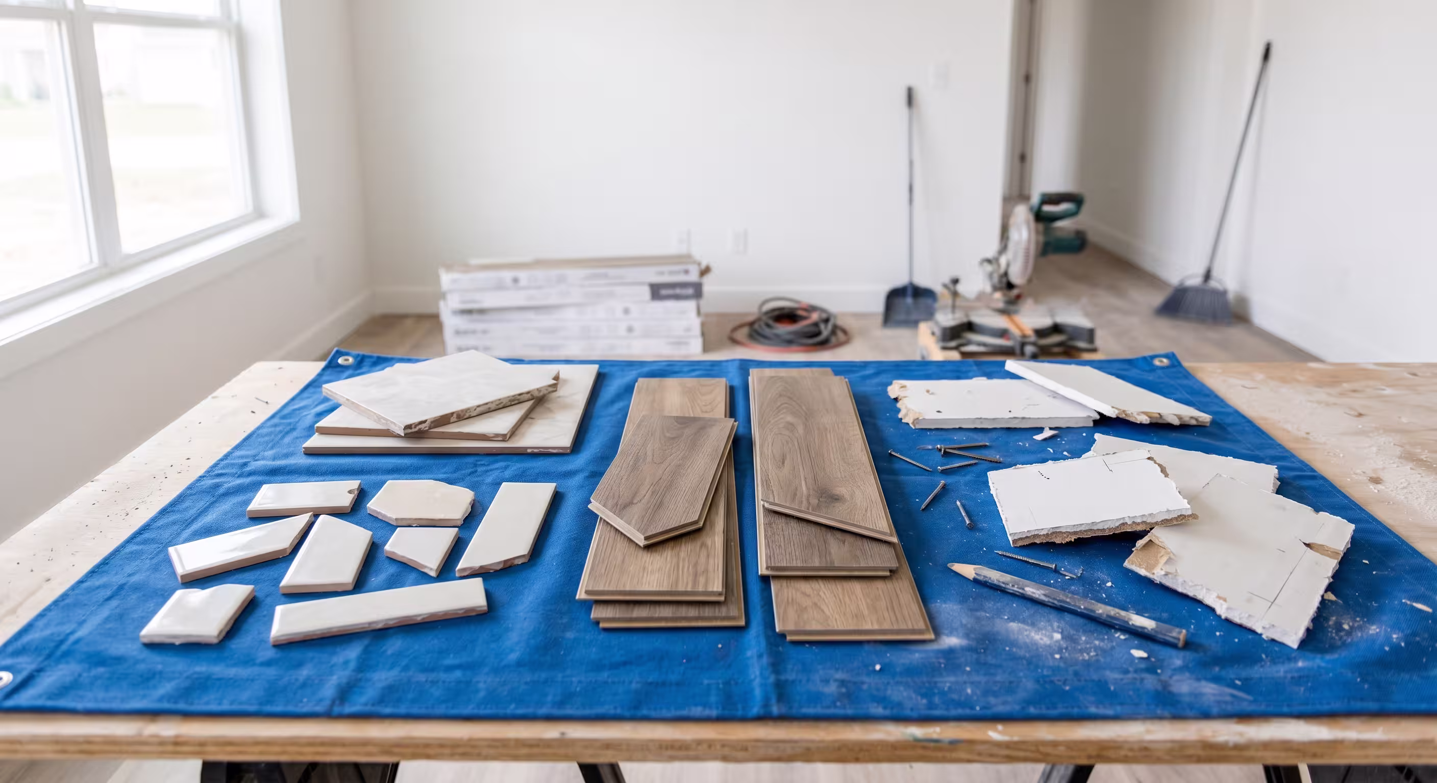 Jobsite photo of material offcuts and leftover pieces that represent typical waste during installation